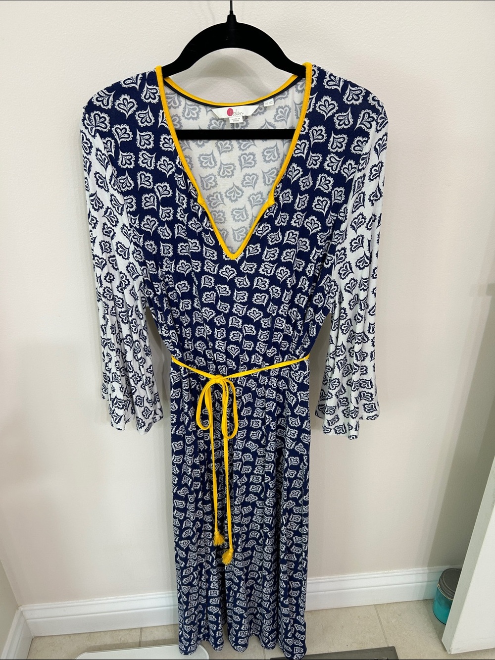 Boden Navy and White Floral Dress with Yellow Trim